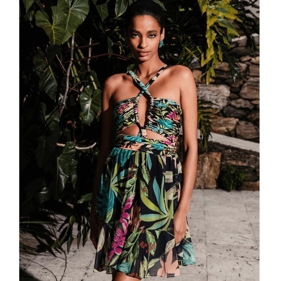 NWT PATBO Tropicalia Palm Cut Out Convertible Mini Dress in Black size L - Picture 1 of 16